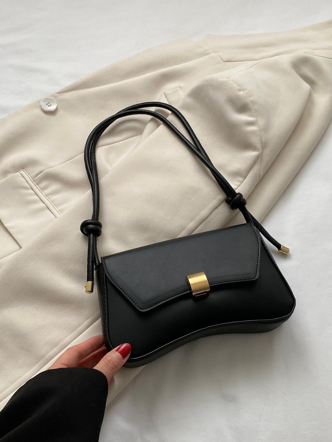 Chic Retro Lightweight Black Flap Bag with Vintage Knot Detail - Perfect for College, Work, and Travel for Teen Girls and Women