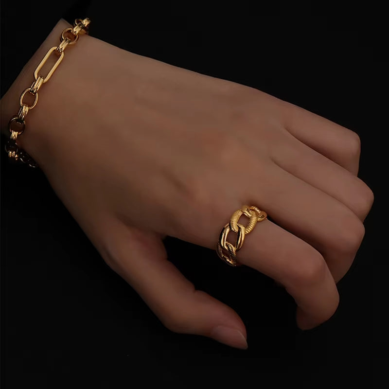 Stylish Gold Textured Curb Link Rings - Minimalist Adjustable Stacking Rings for Women