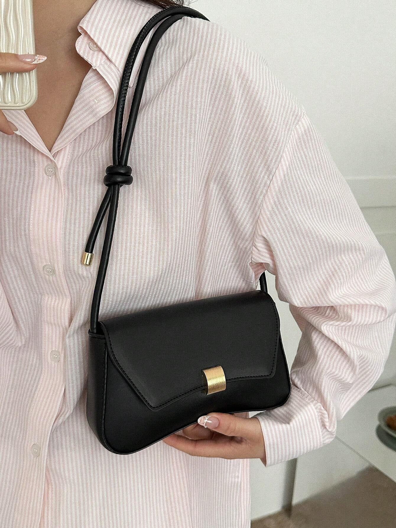 Chic Retro Lightweight Black Flap Bag with Vintage Knot Detail - Perfect for College, Work, and Travel for Teen Girls and Women