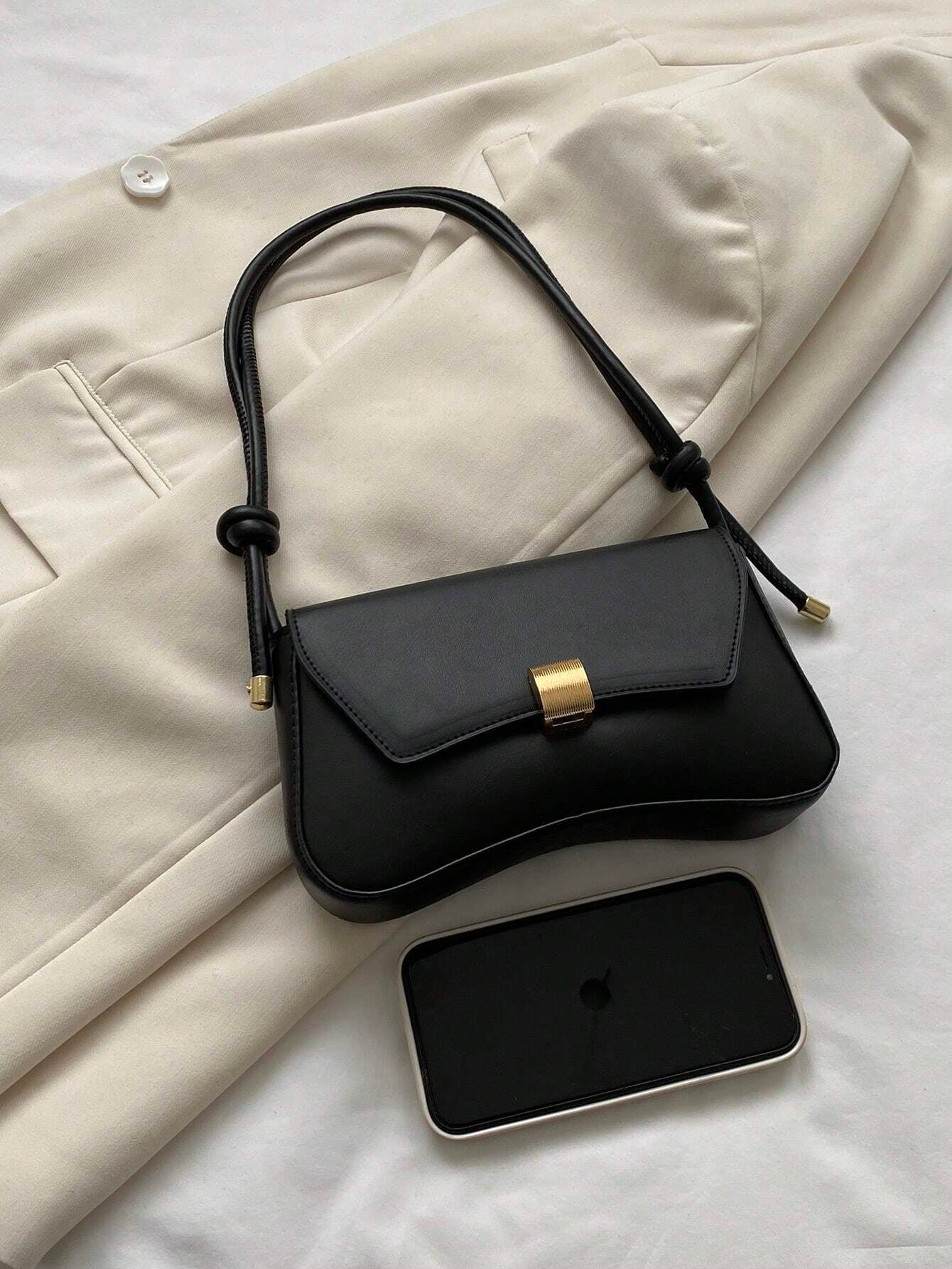 Chic Retro Lightweight Black Flap Bag with Vintage Knot Detail - Perfect for College, Work, and Travel for Teen Girls and Women